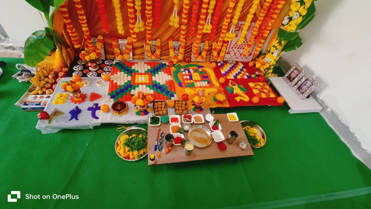North Indian style puja thali arranged in a Bangalore home