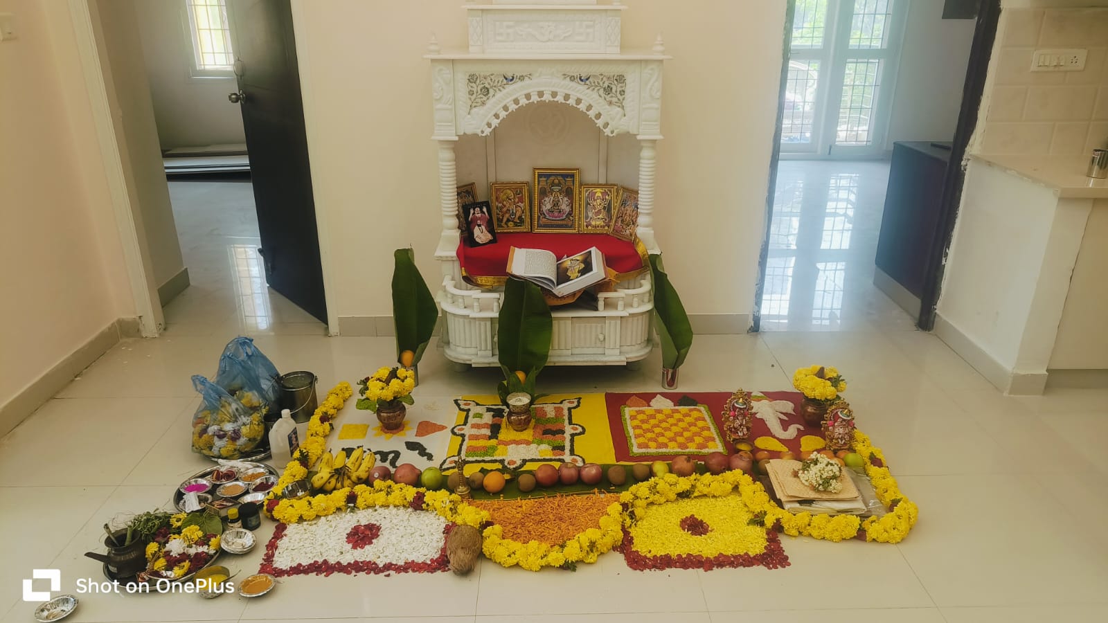 Havan fire ceremony during Vastu Shanti puja in a Bangalore apartment