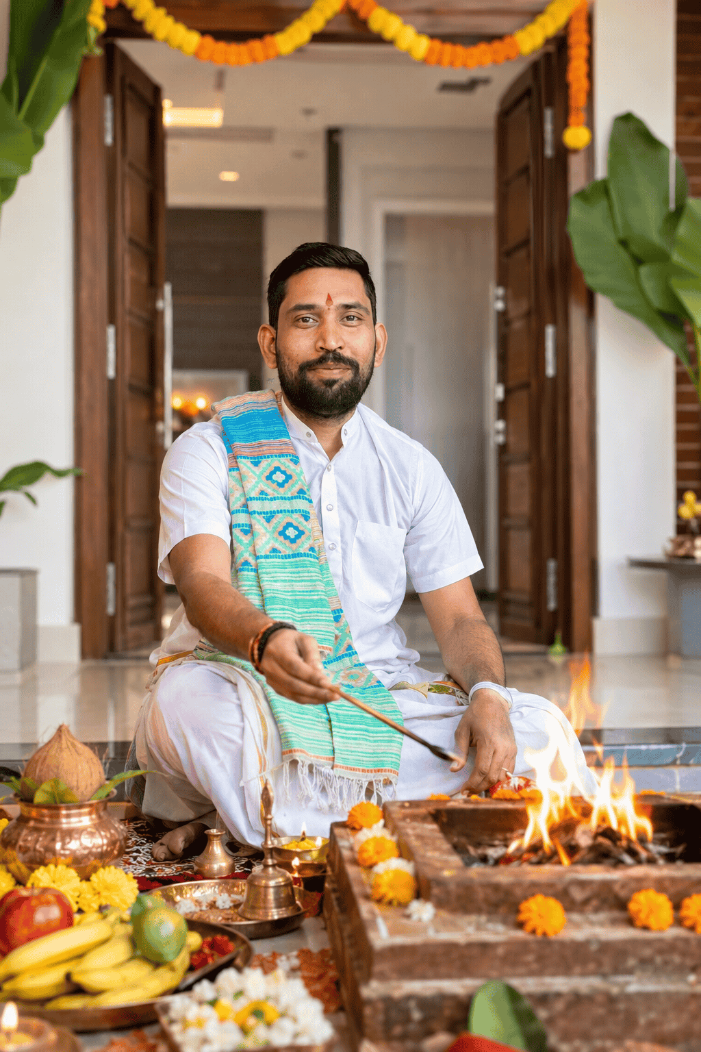 Griha Pravesh puja kalash and havan setup arranged by a pandit in Bangalore for a new home