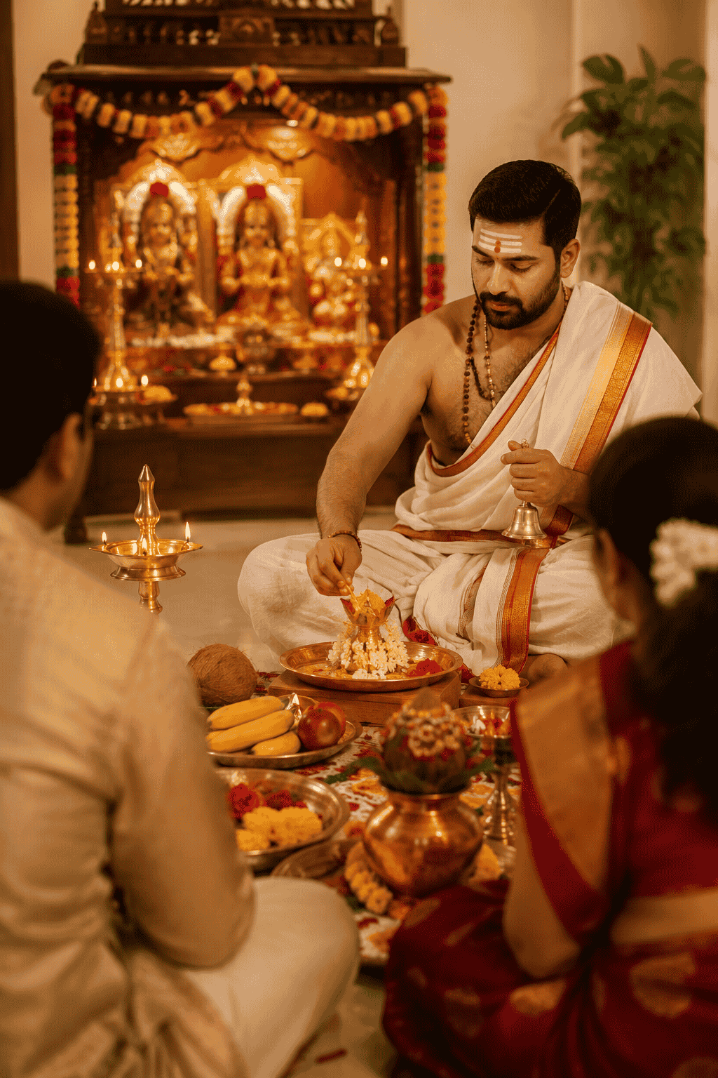 Pandit for satyanarayan puja in Bangalore lighting a ghee diya before beginning the rituals